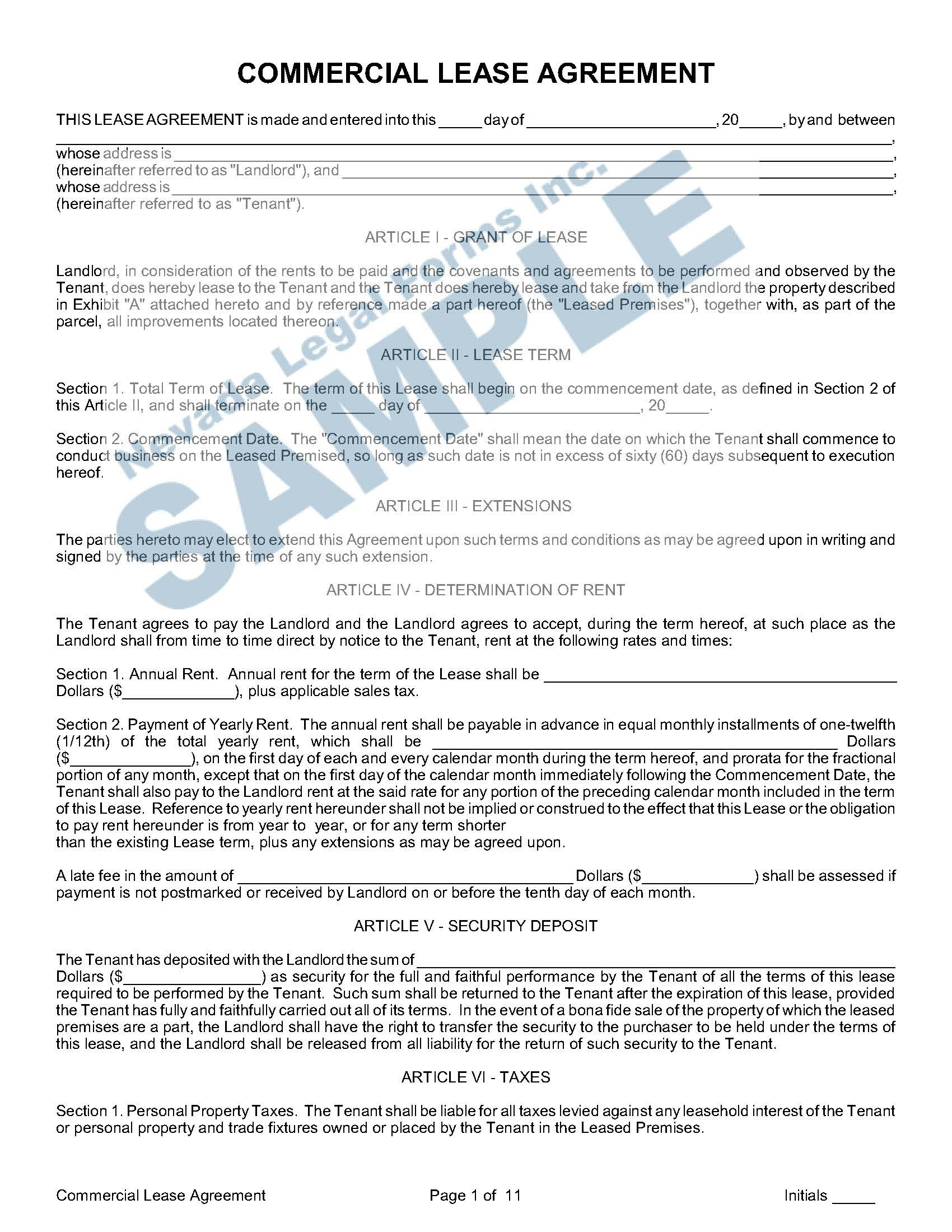 sample commercial rent agreement template