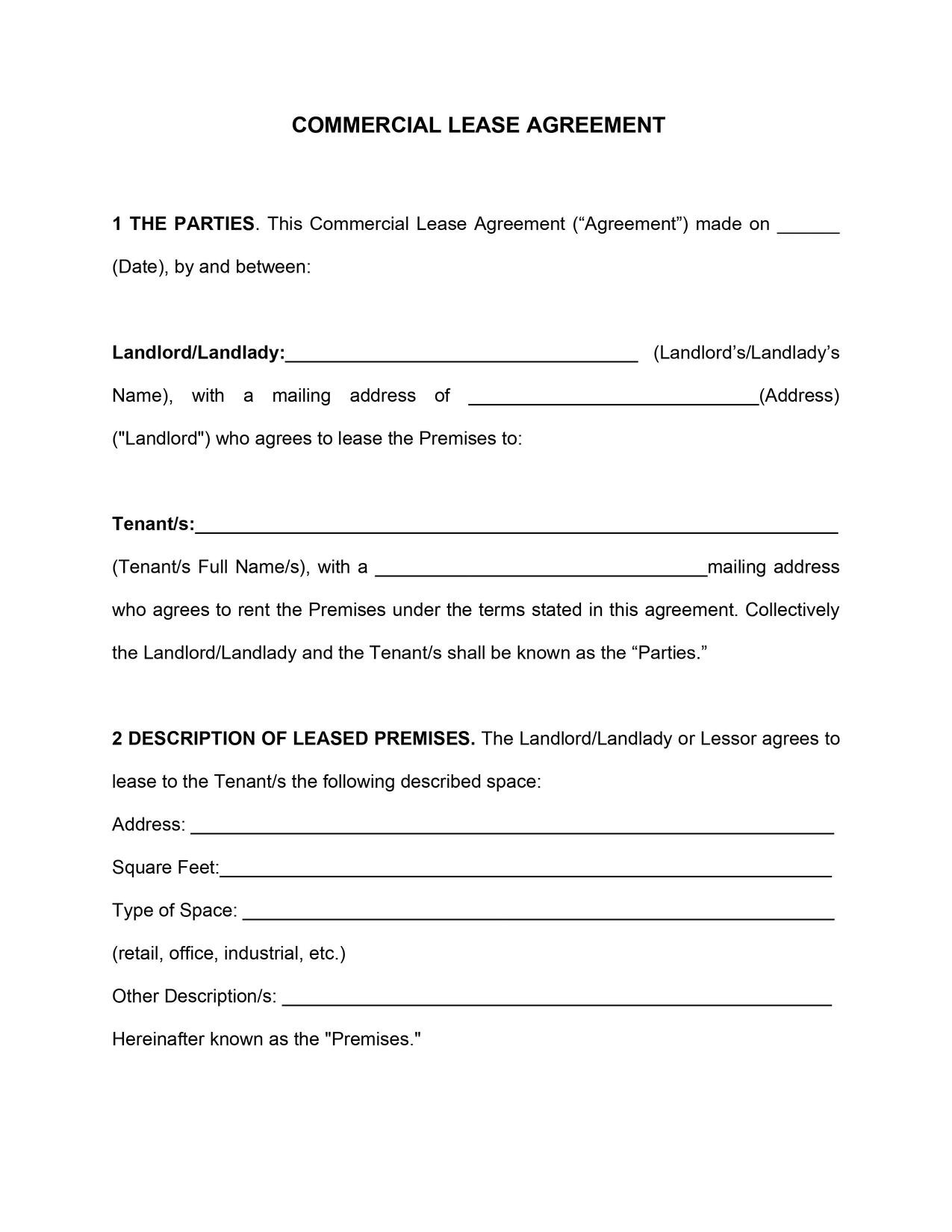 sample commercial rent agreement template