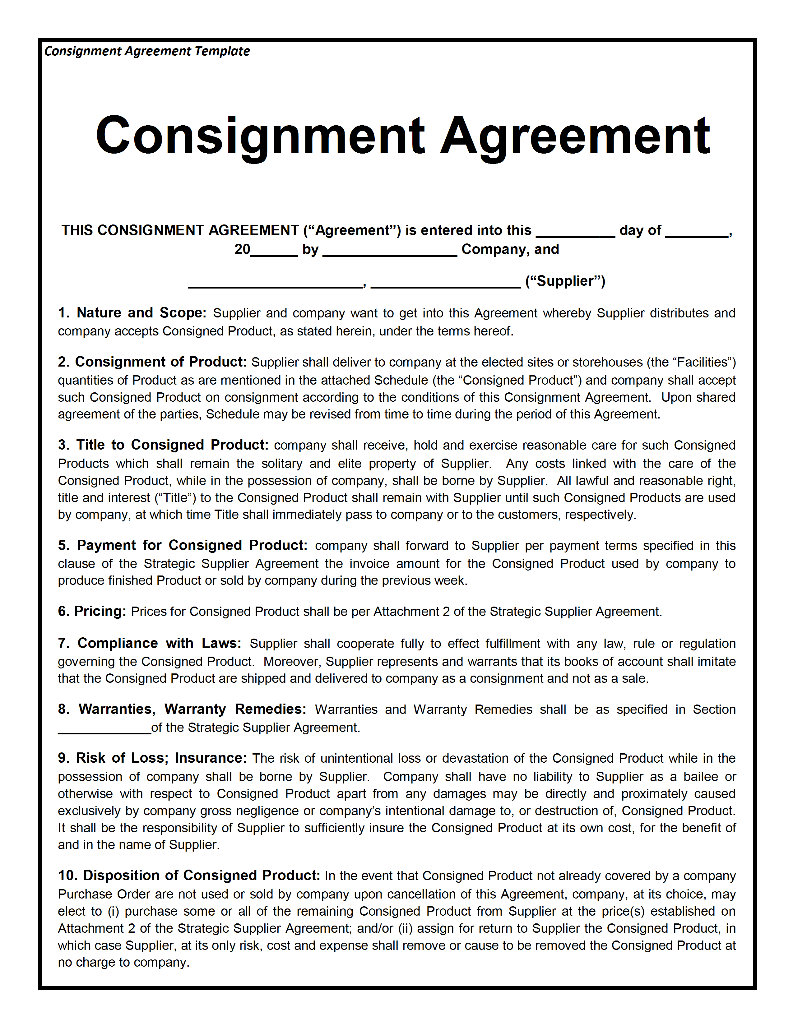 sample consignment agreement template