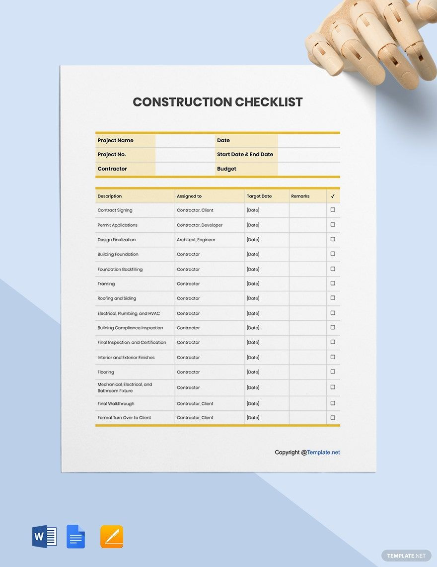 Construction Checklist Templates in Google Docs - Download in Word