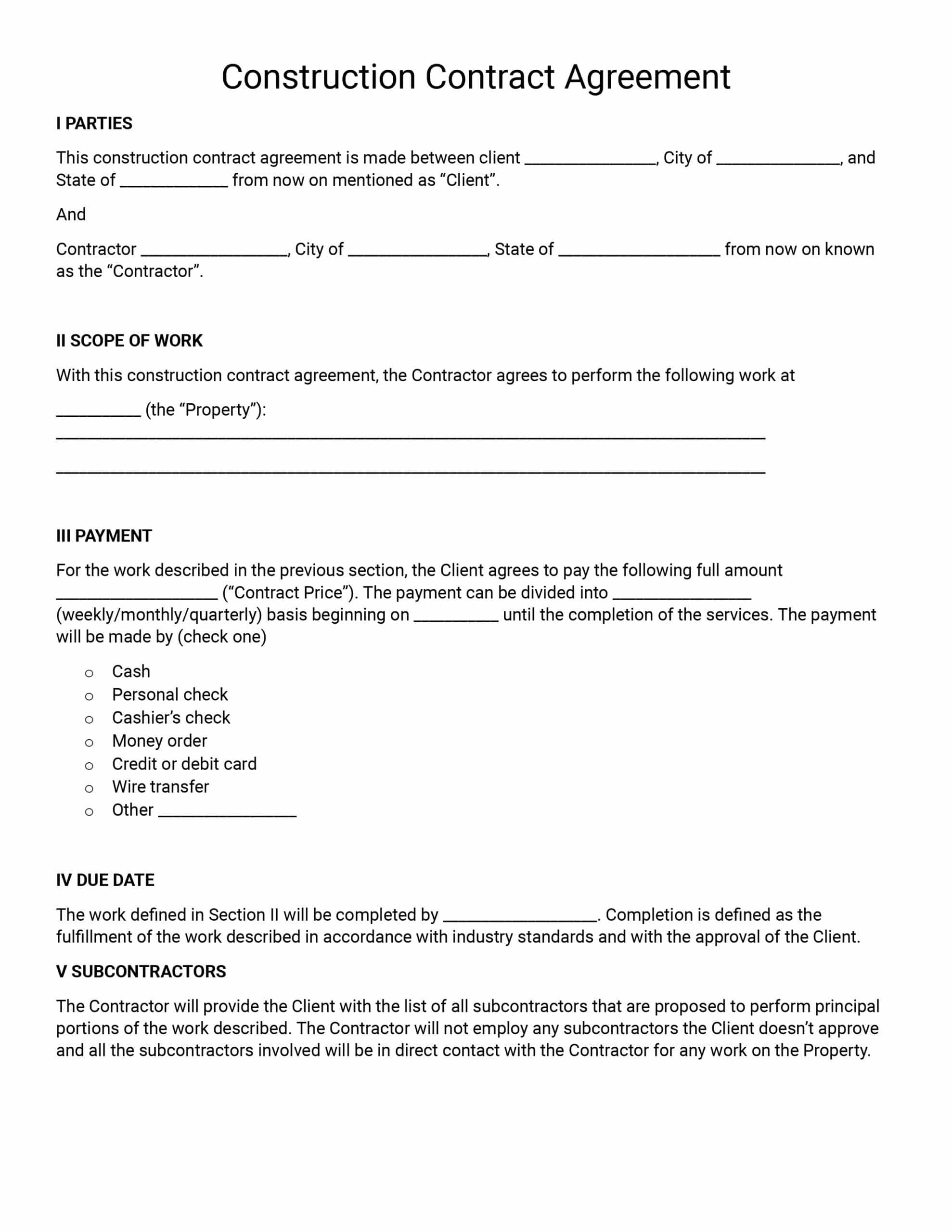 sample construction agreement template