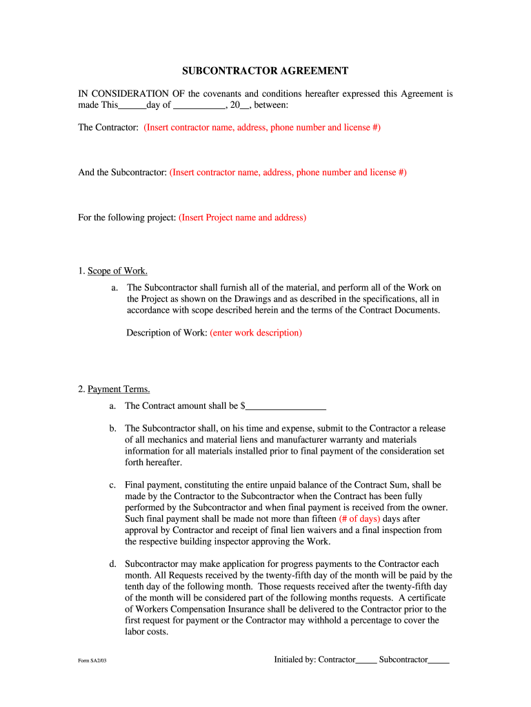 sample Sub Contractor Agreement Template