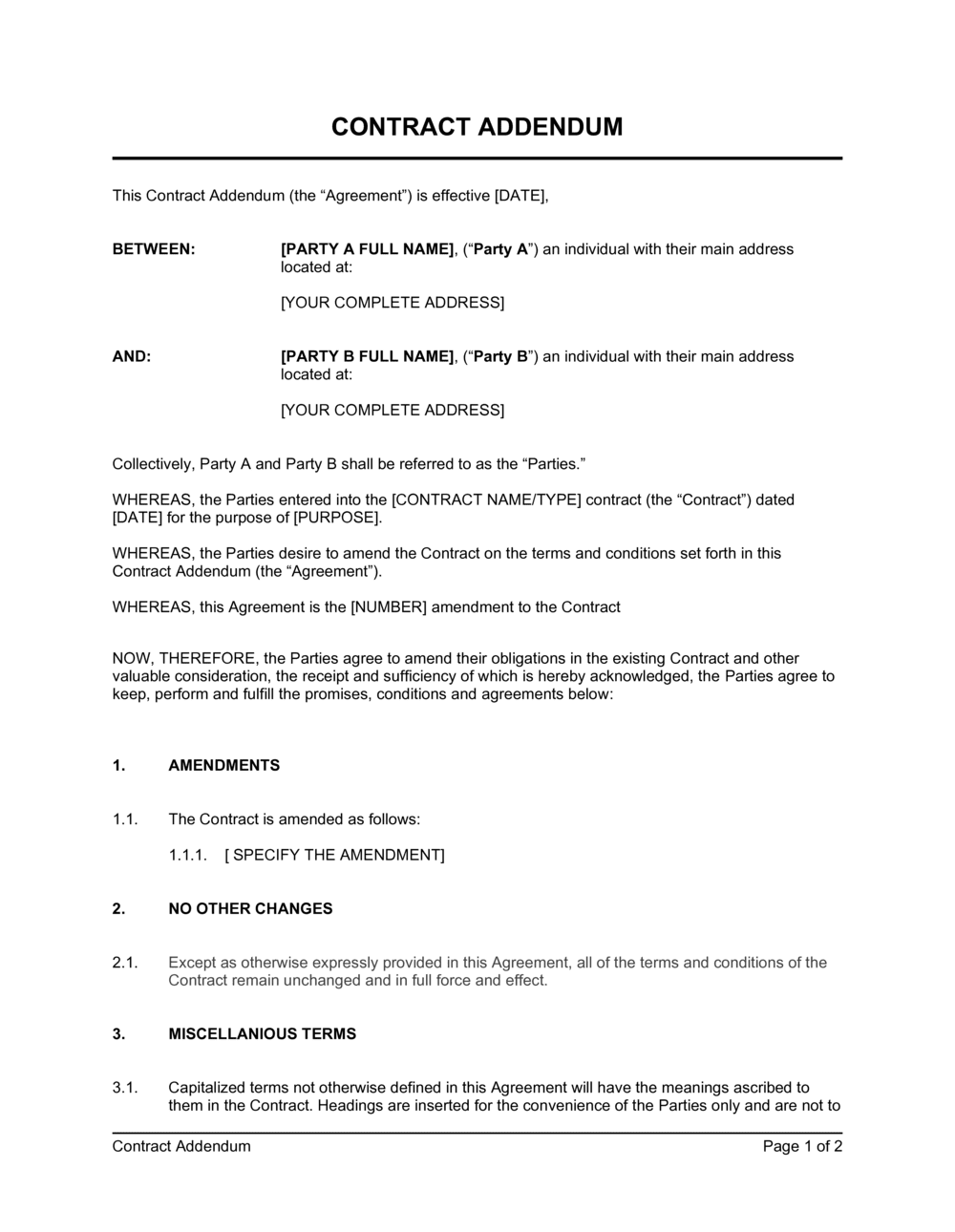 sample addendum agreement template