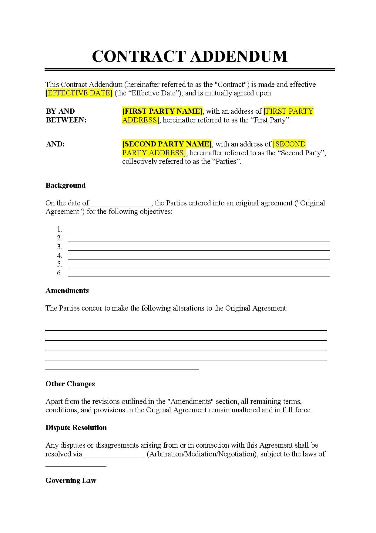 sample addendum agreement template