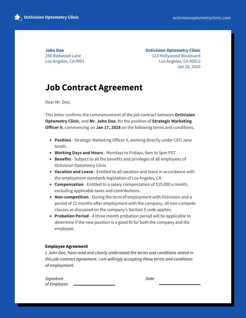 sample job agreement template