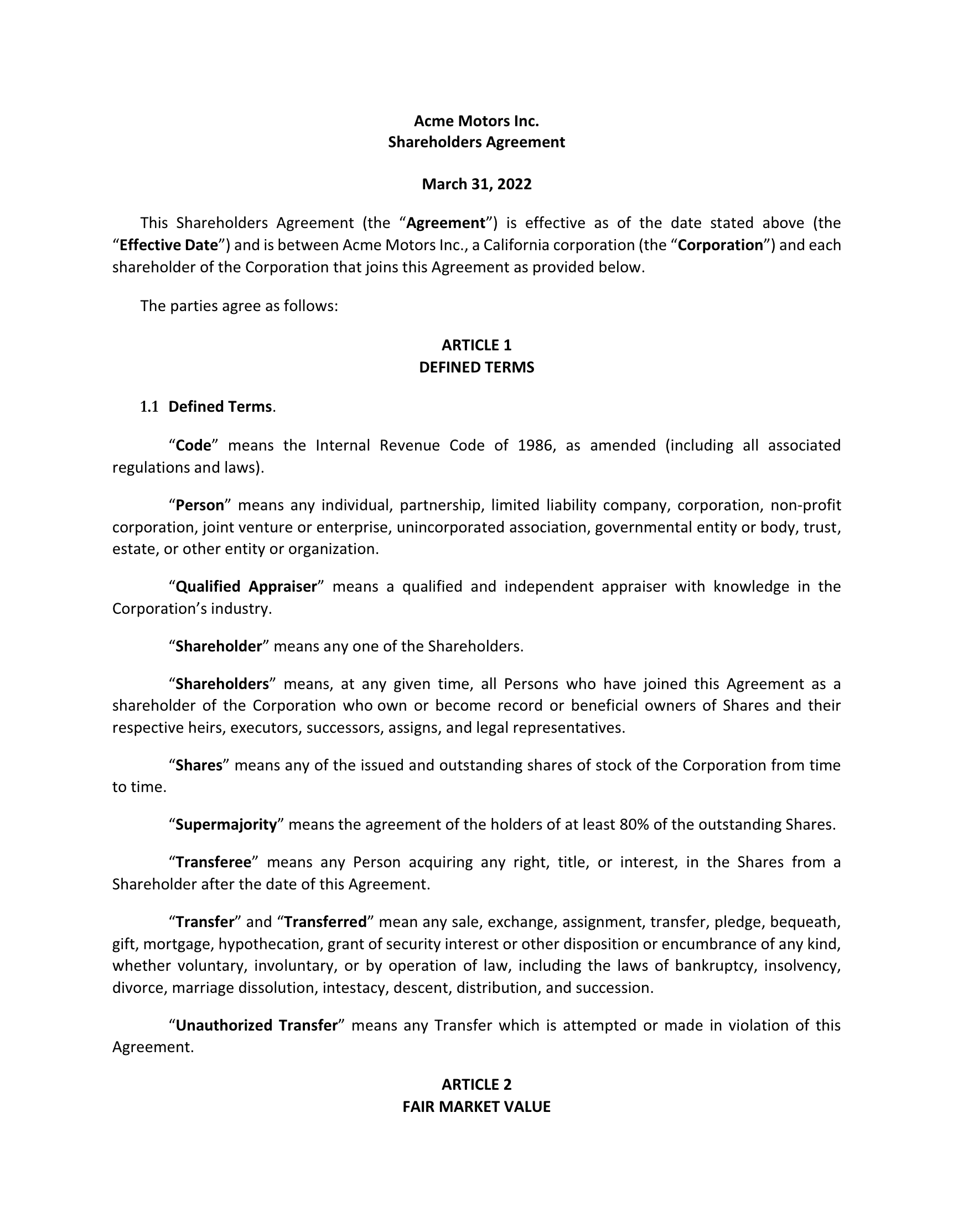 sample Shareholders Agreement Template