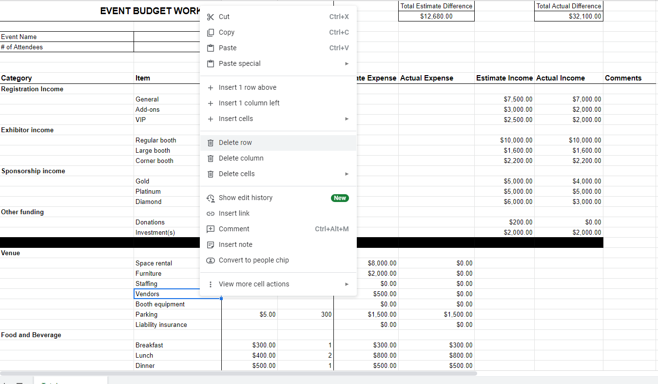 sample budget template for event