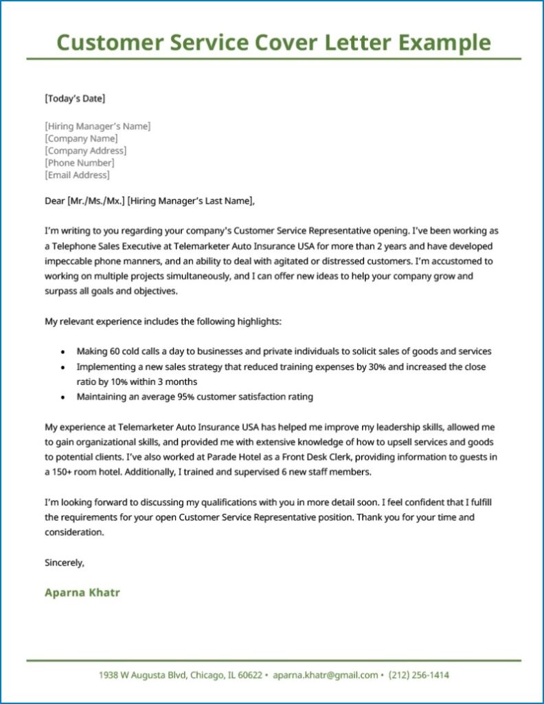 》Customer Care Representative Cover Letter Template