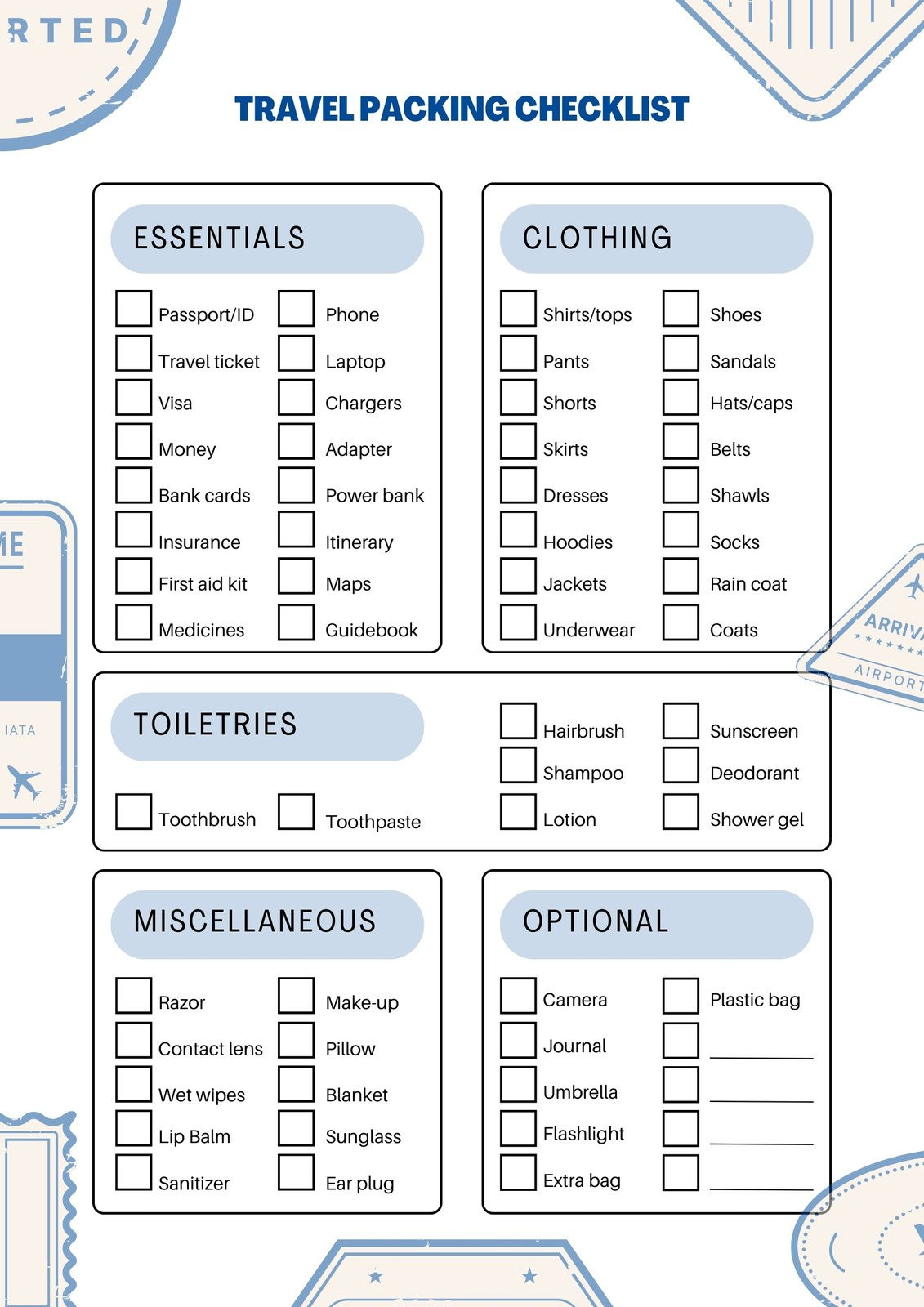 sample traveling checklist template