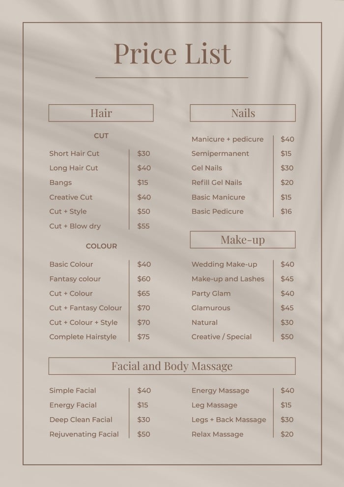 Elevate your nail salon business with our stylish and user-friendly Price List Template. Effortlessly showcase your services and pricing, ensuring clarity for clients. Click now to download this customizable template and transform your nail salon's pricing strategy with professionalism and visual appeal.