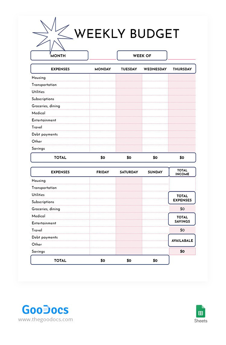 sample cute weekly budget template