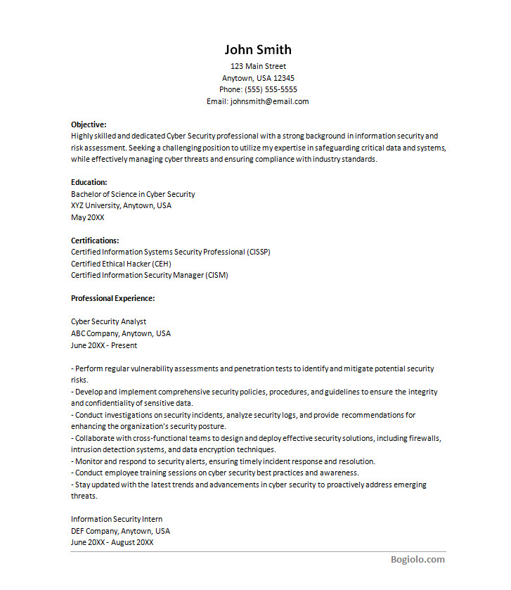 Free editable cyber security resume template with customizable sections