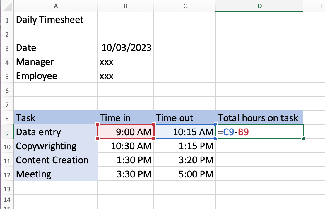 sample daily timesheet with tasks template