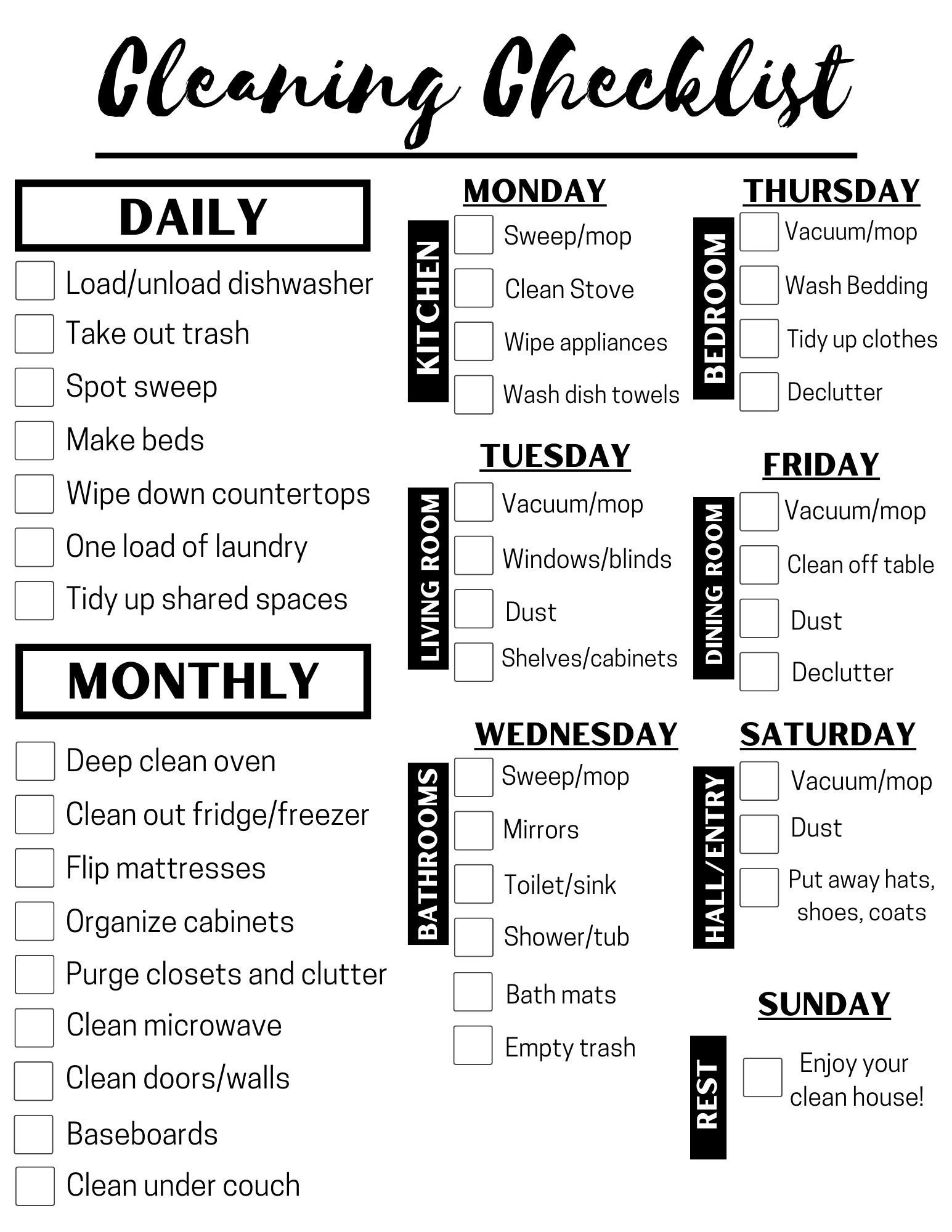 Daily, weekly, monthly cleaning checklist Schedule To-Do List Check off Clean Routine Instant Digital Download Home house chores