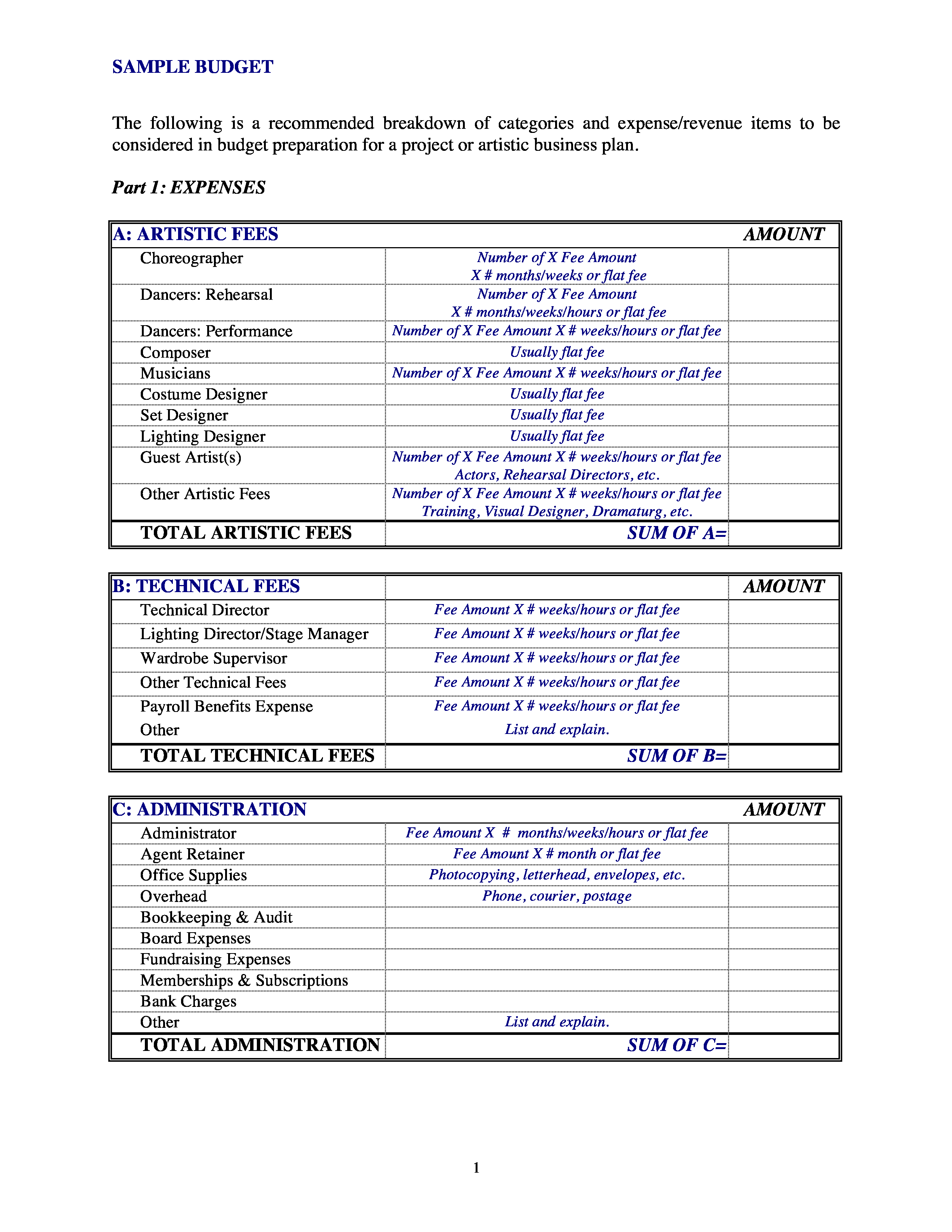 sample dance studio budget template