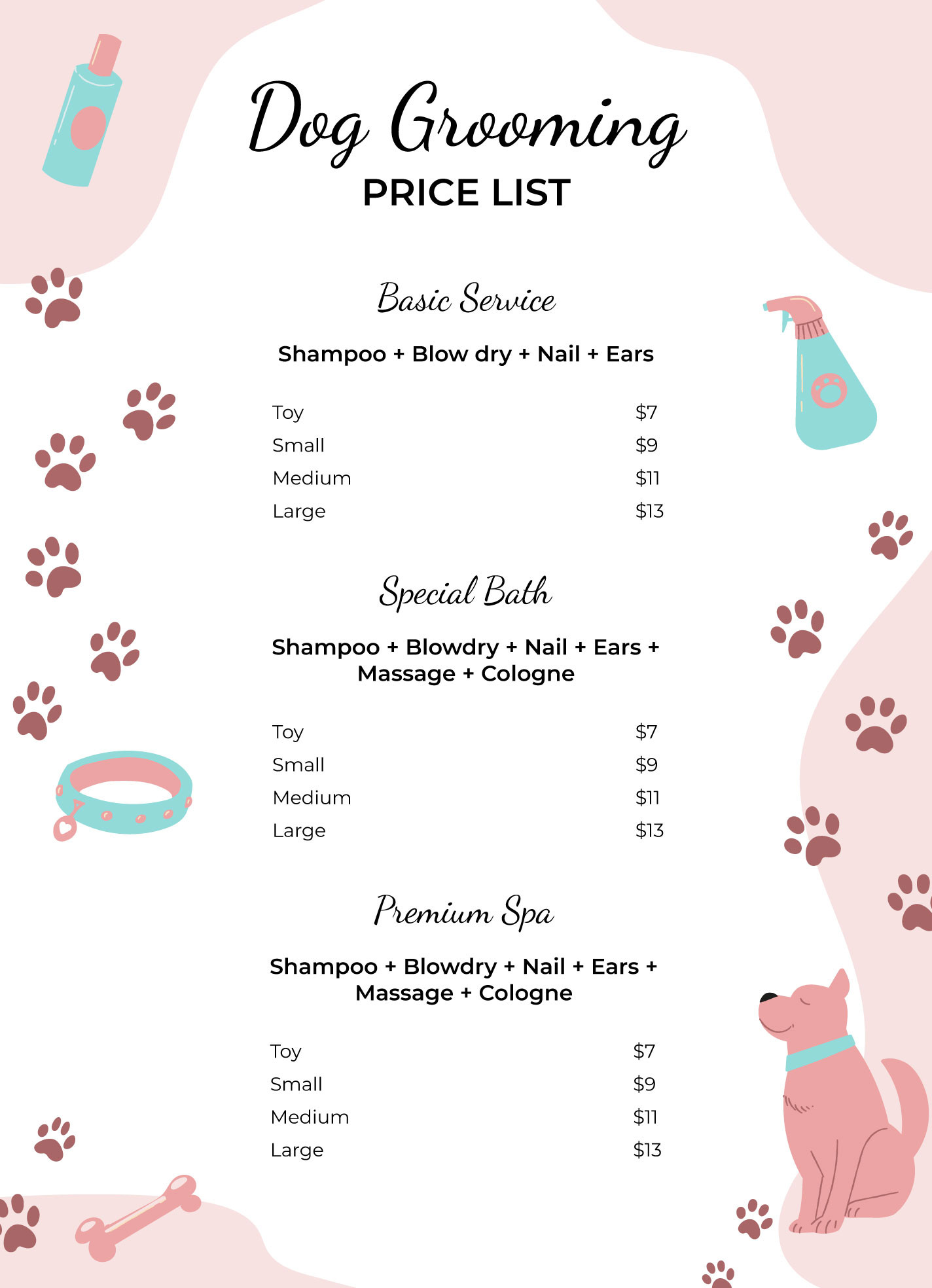 sample Dog Grooming Price List Template