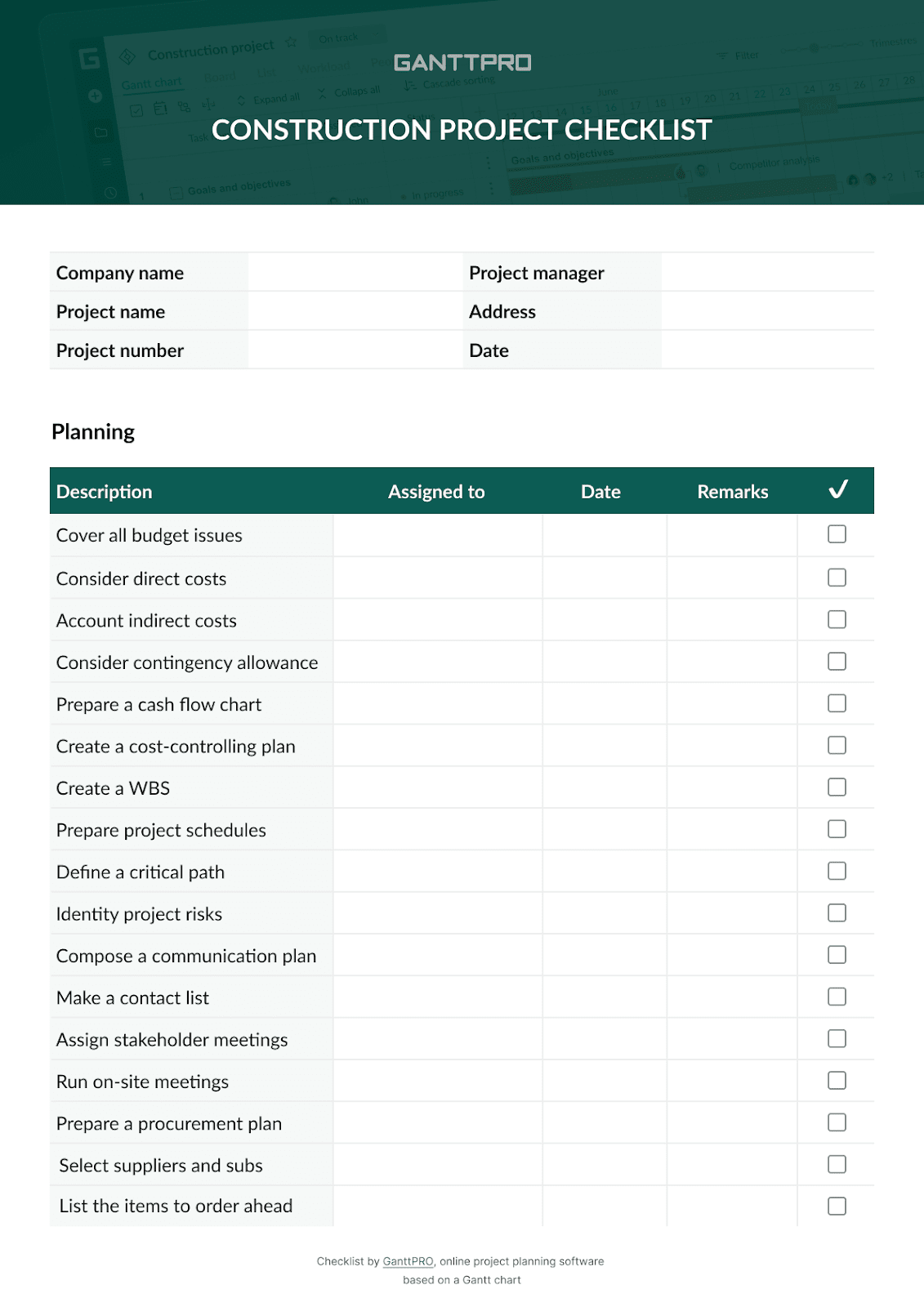 sample project checklist template