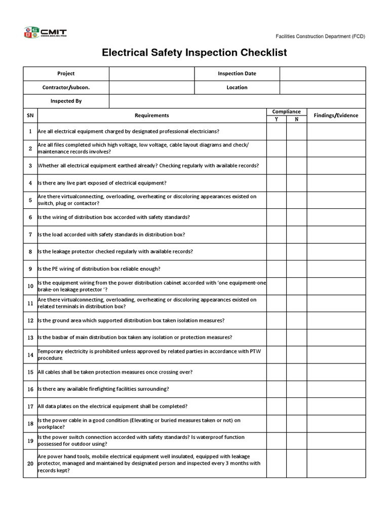 sample residential electrical inspection checklist template