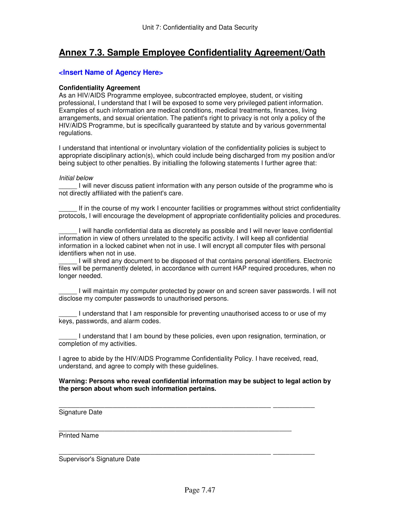 sample Staff Confidentiality Agreement Template