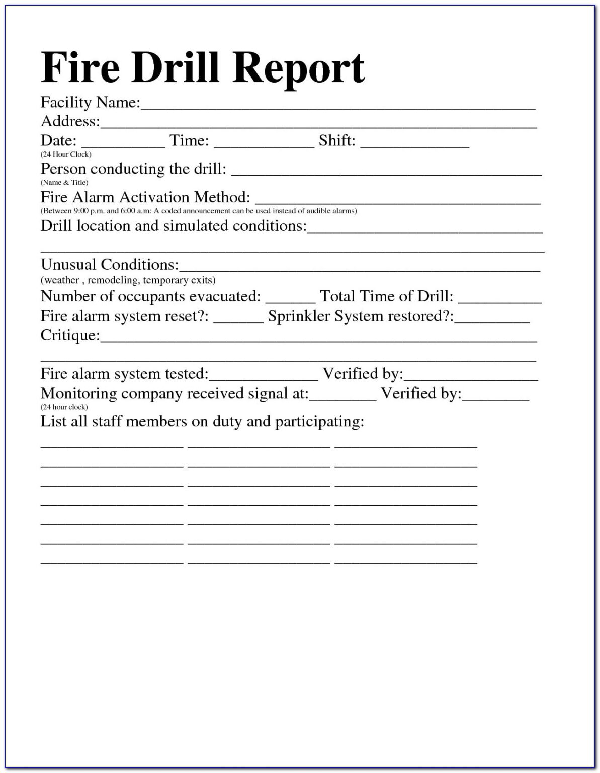 》free Printable Employee Fire Drill Checklist Template 6509