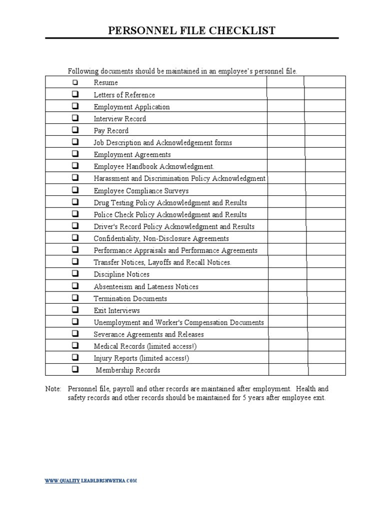 sample employee files checklist template