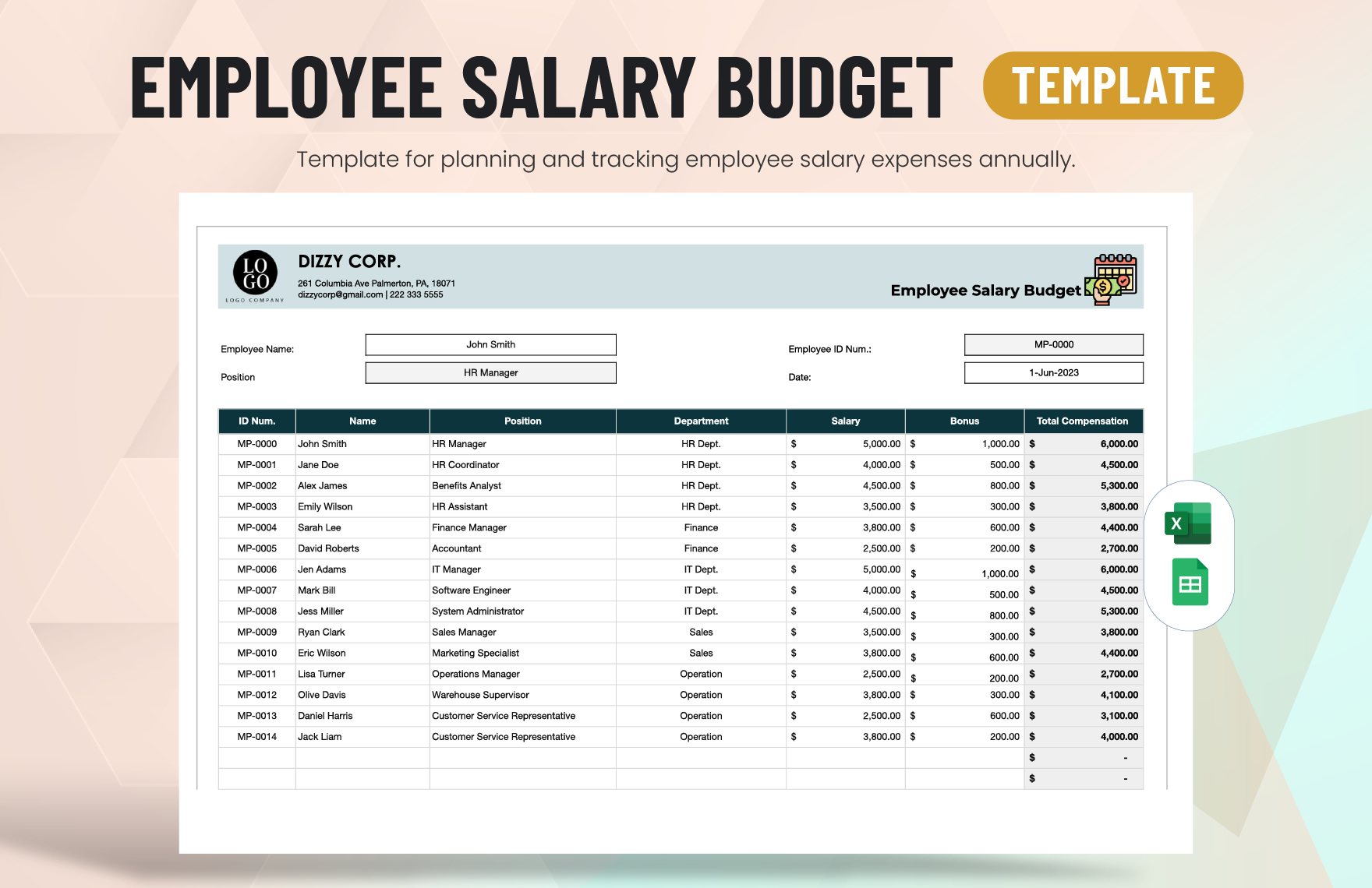 sample employee salary budget template