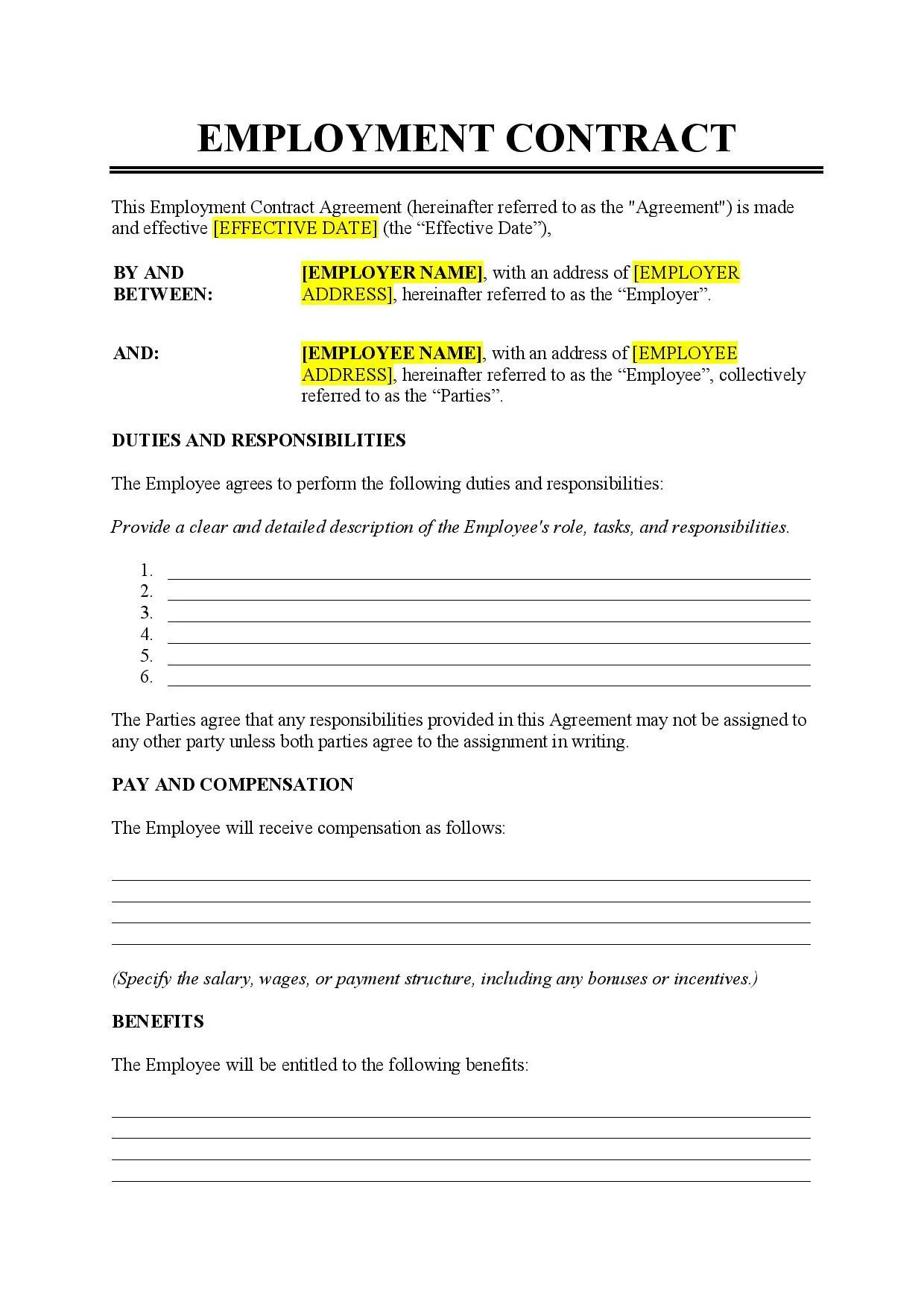 sample employment agreement template