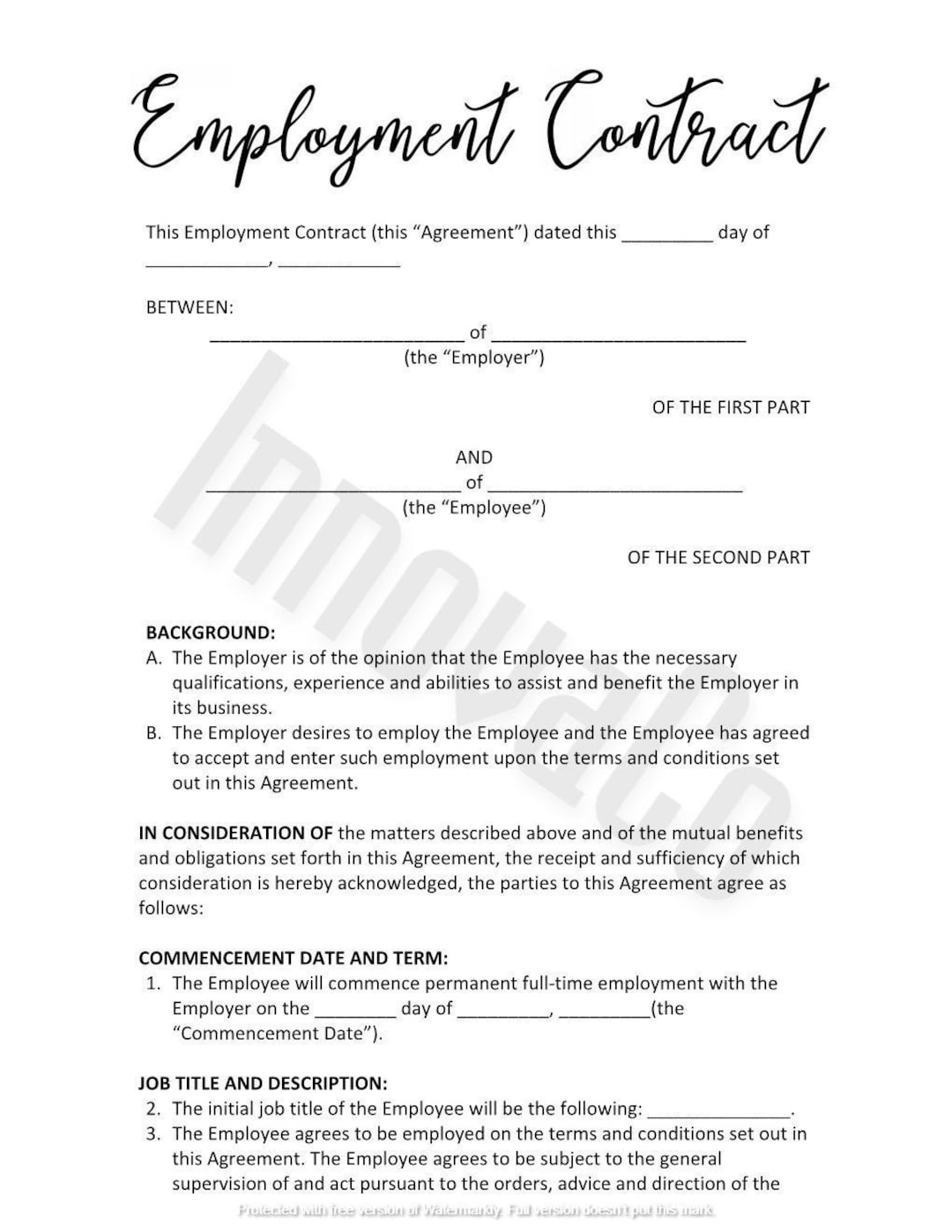 sample employment agreement template