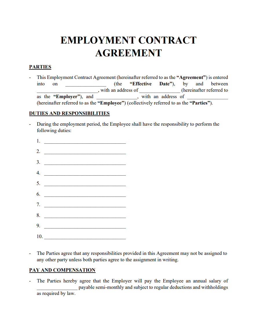 sample employment agreement template