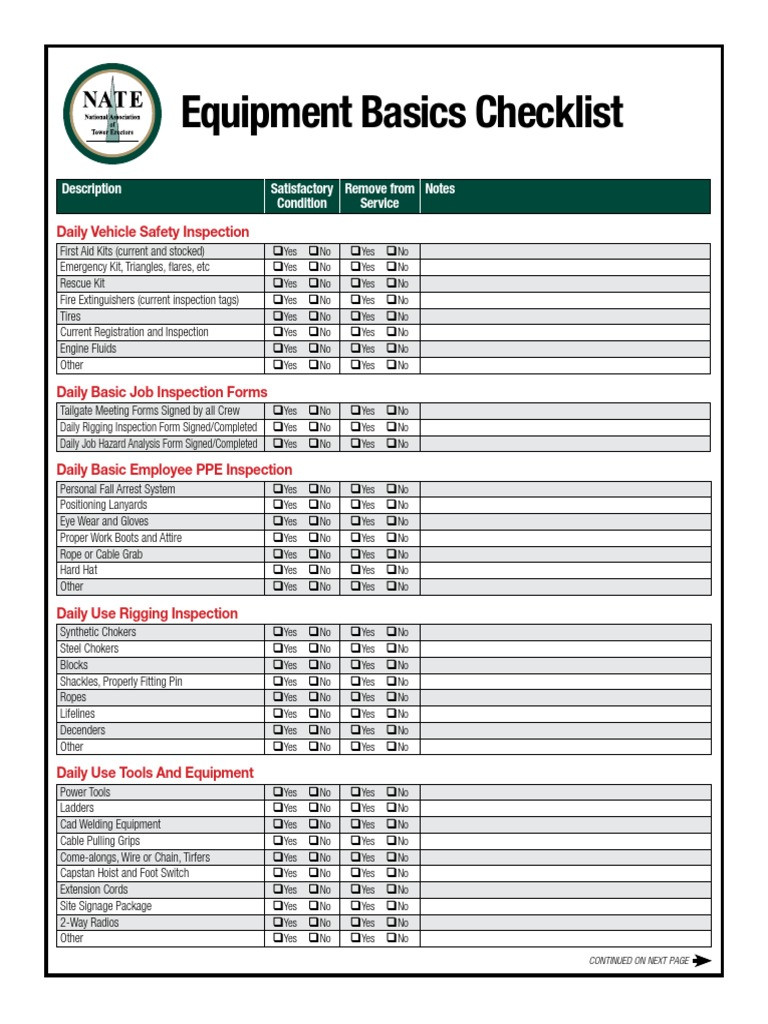 sample equipment checklist template