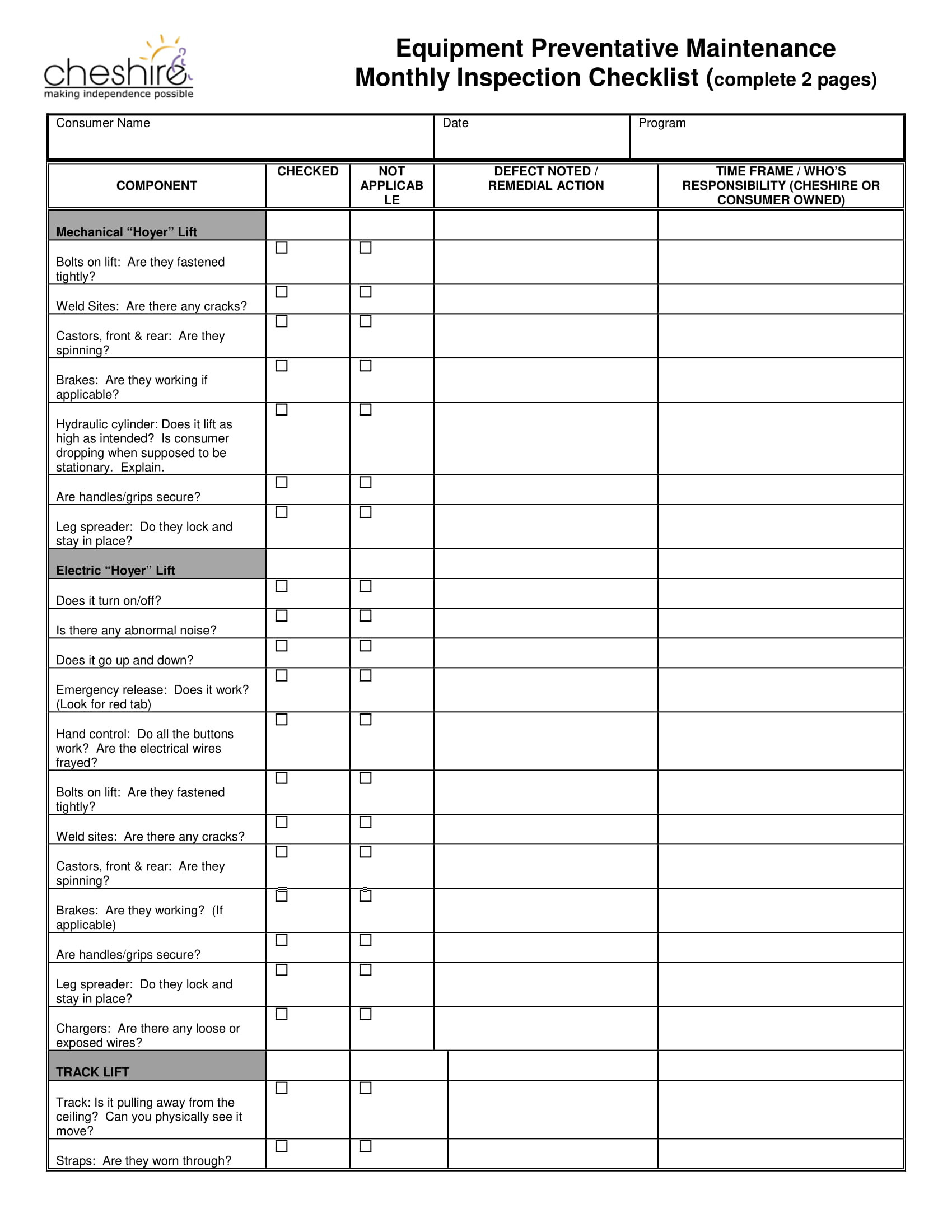 sample equipment checklist template