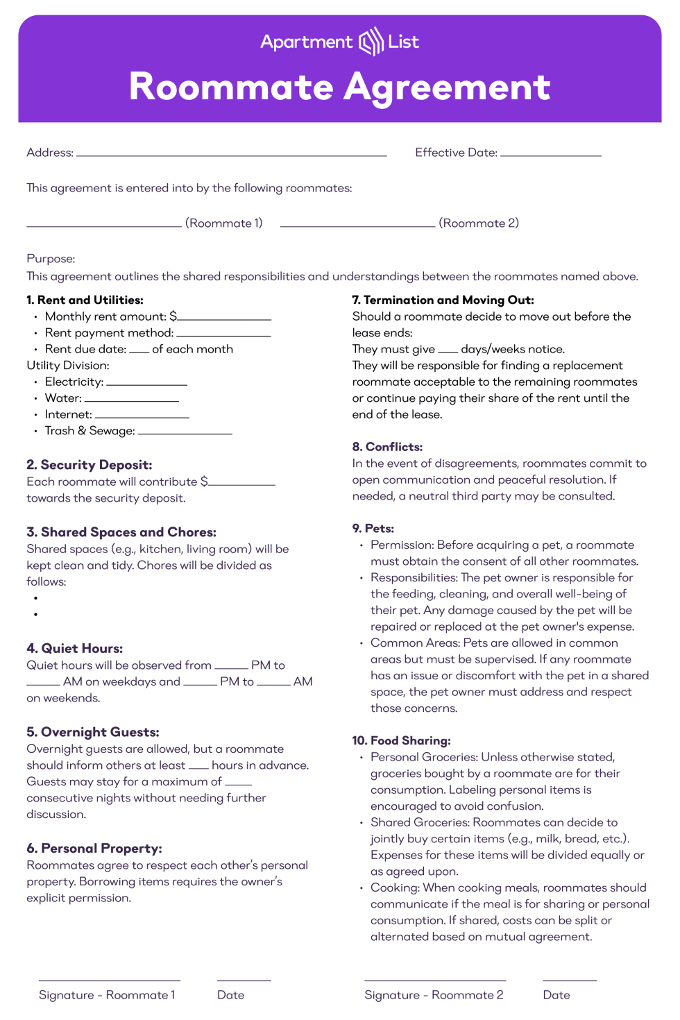 sample roommate agreement template