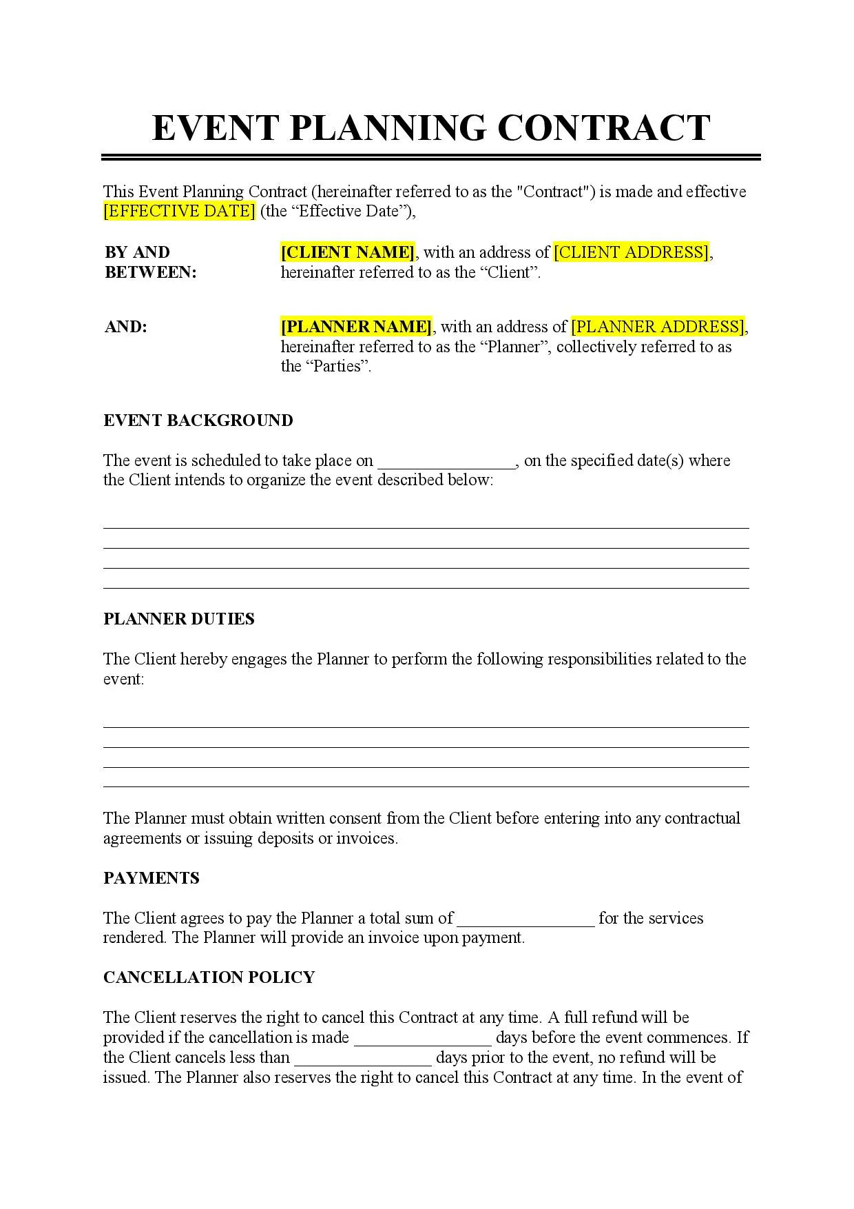 sample event planning agreement template