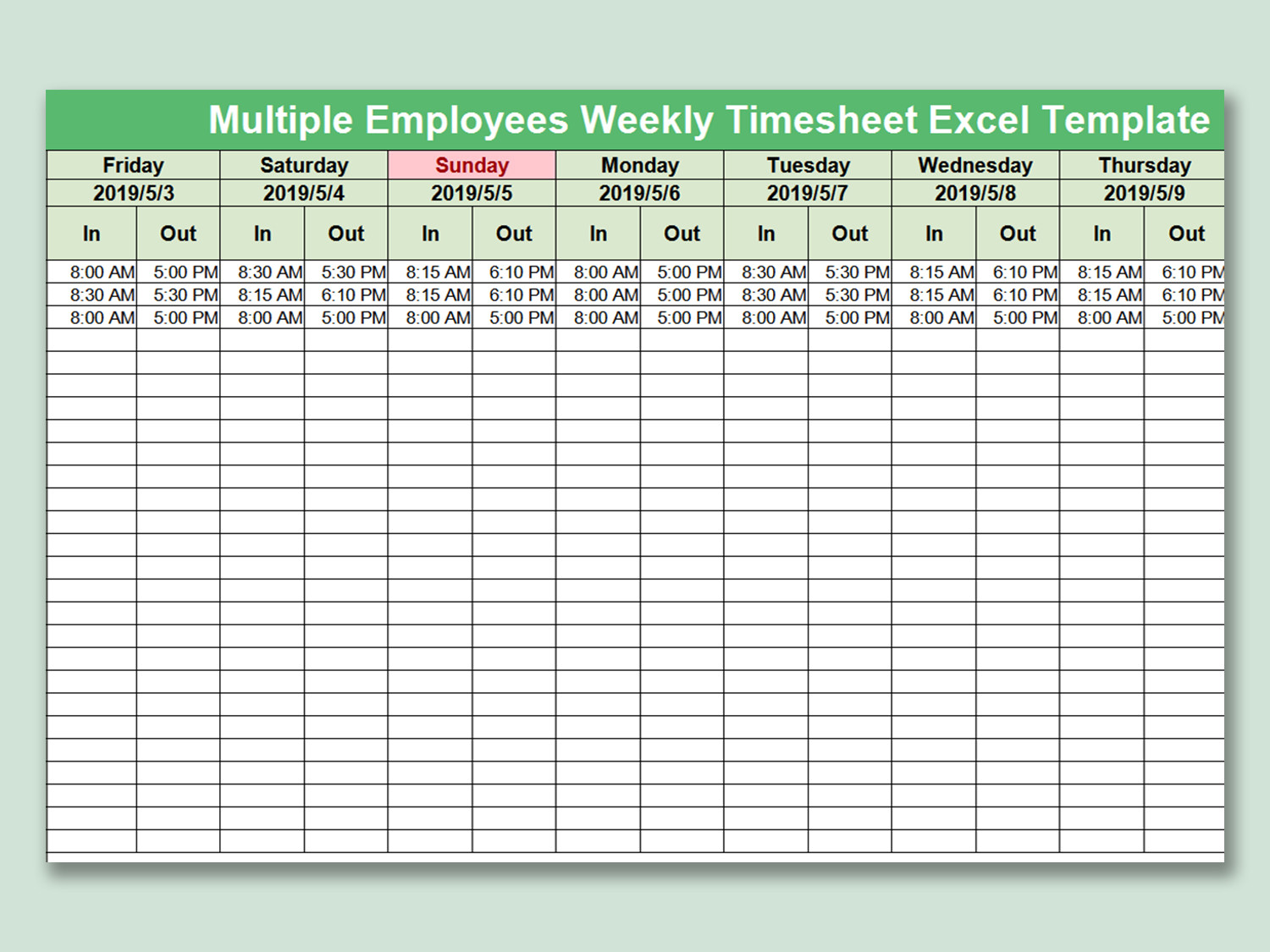 sample multiple employee weekly timesheet template