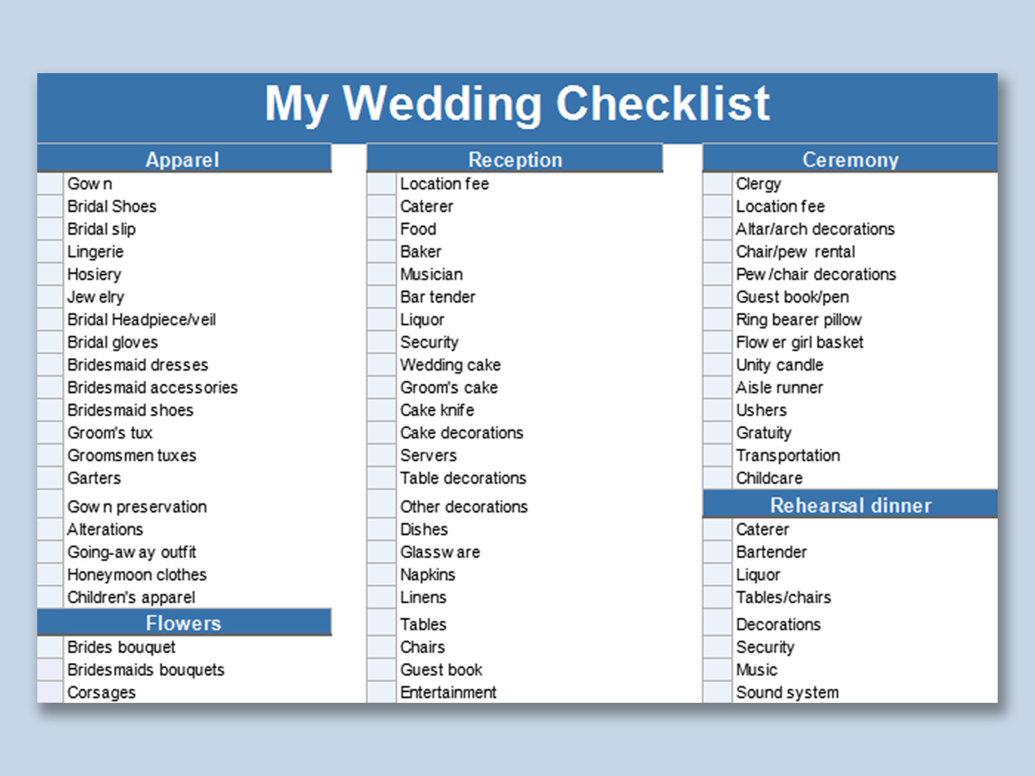 sample wedding checklist excel template