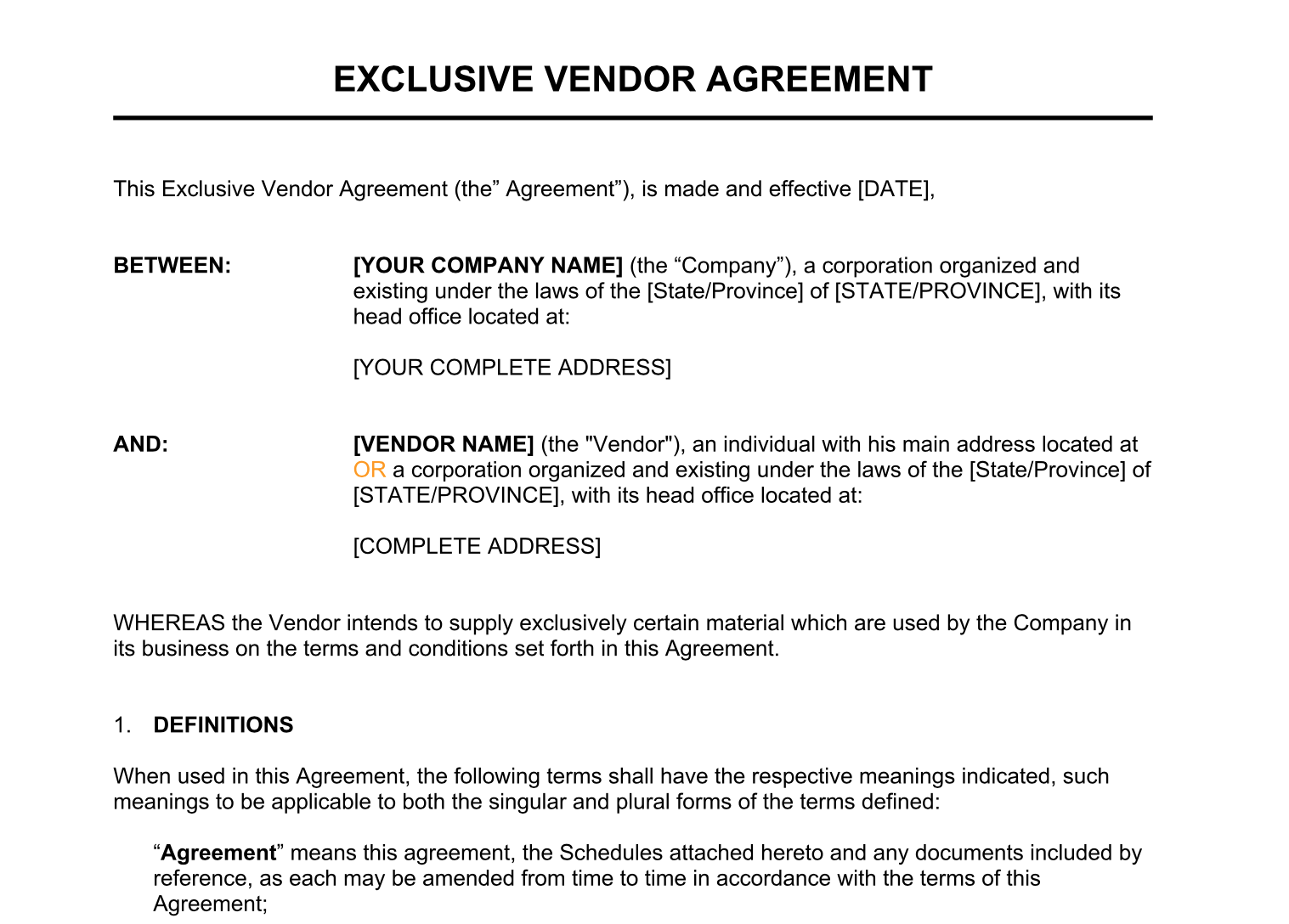 sample Vendor Agreement Template