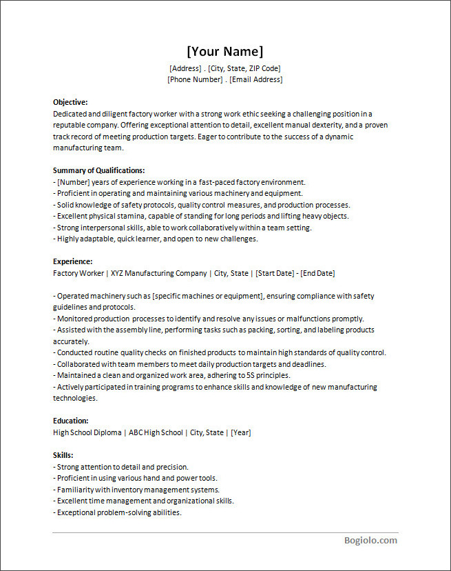 Step-by-step walkthrough of populating details in a factory worker resume template