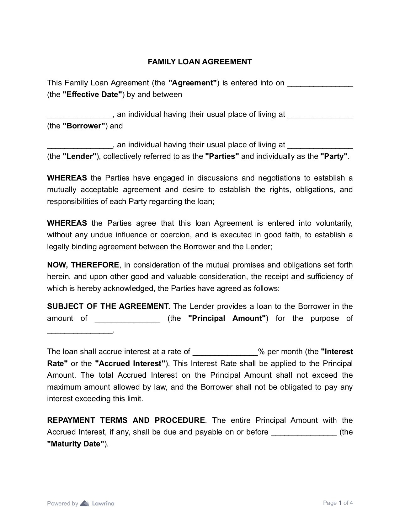 sample family loan agreement template