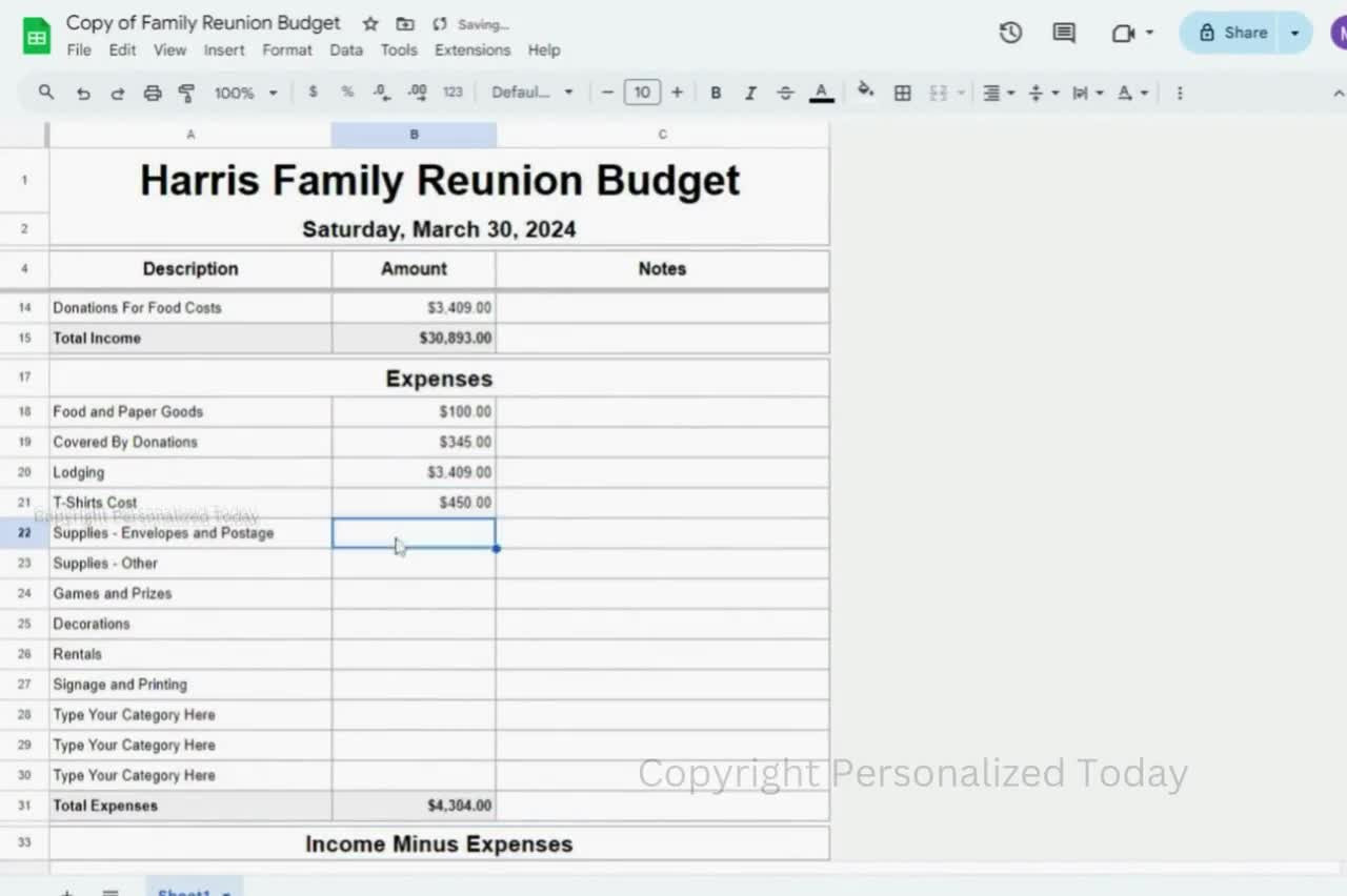 sample family reunion budget template