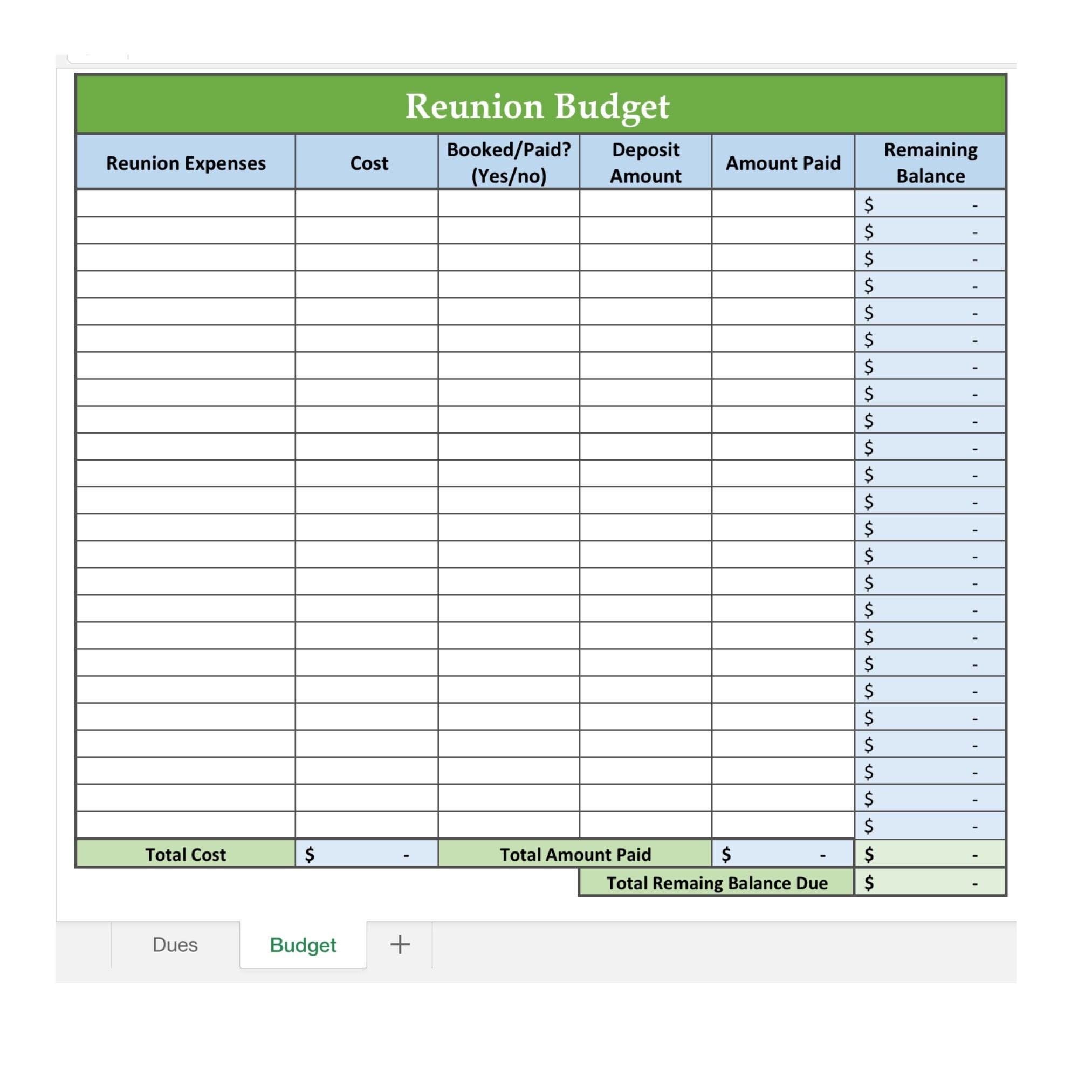 sample family reunion budget template