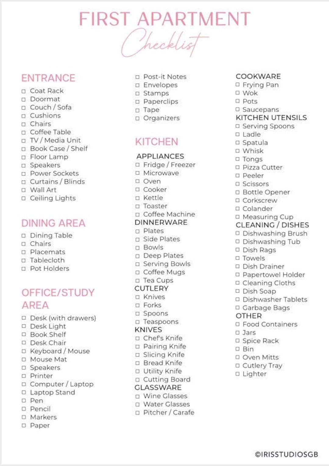 First Apartment Checklist New Home Checklist New Home Essentials Checklist Instant Download PDF - Etsy