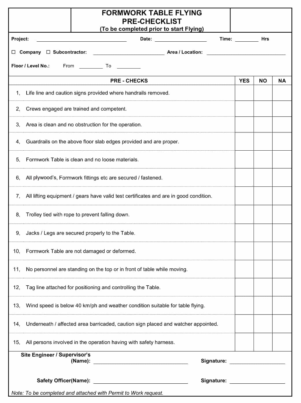 Formwork Table Pre-Flying Construction Checklist - Construction Documents and Templates