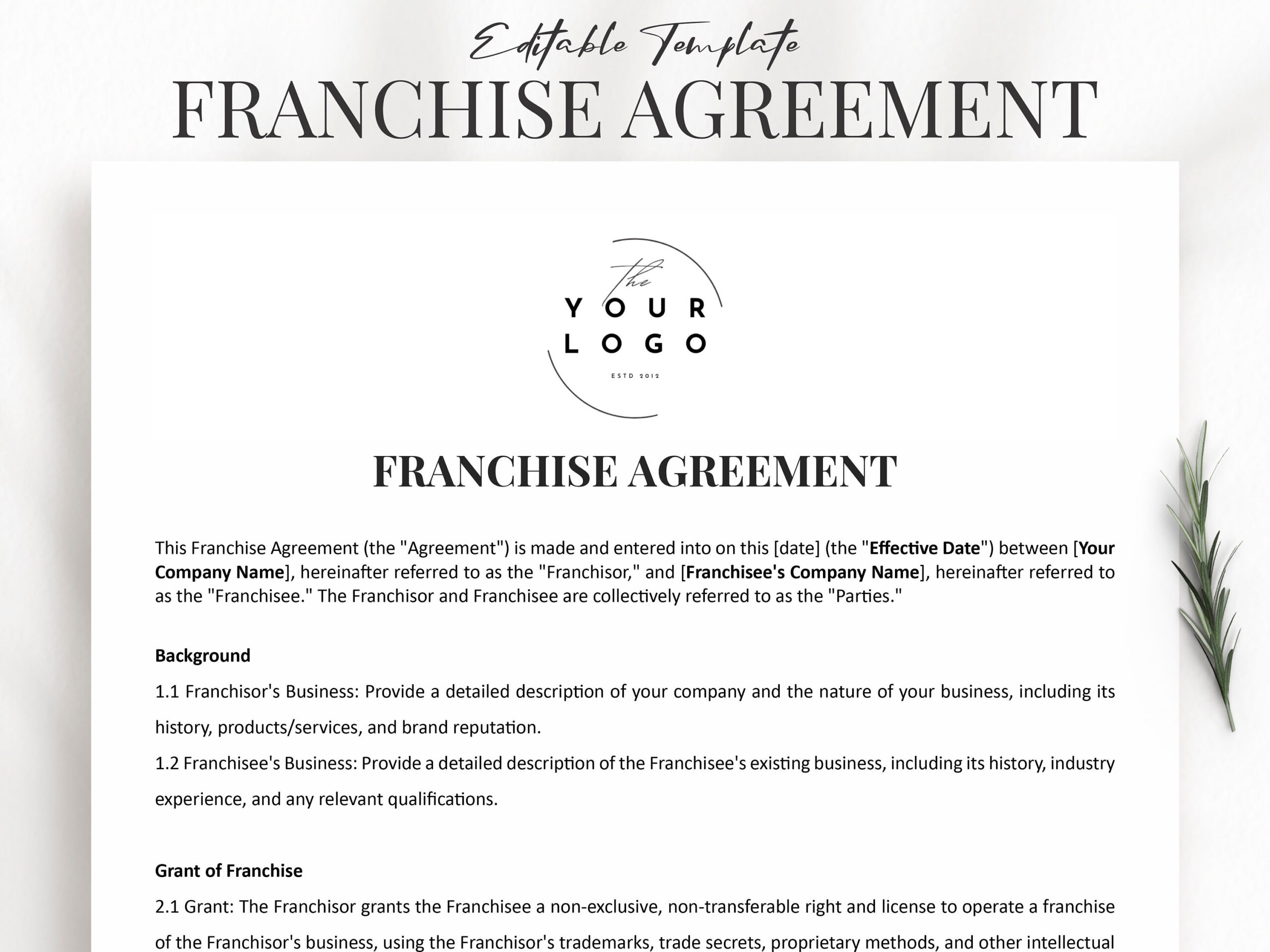 sample franchise agreement template