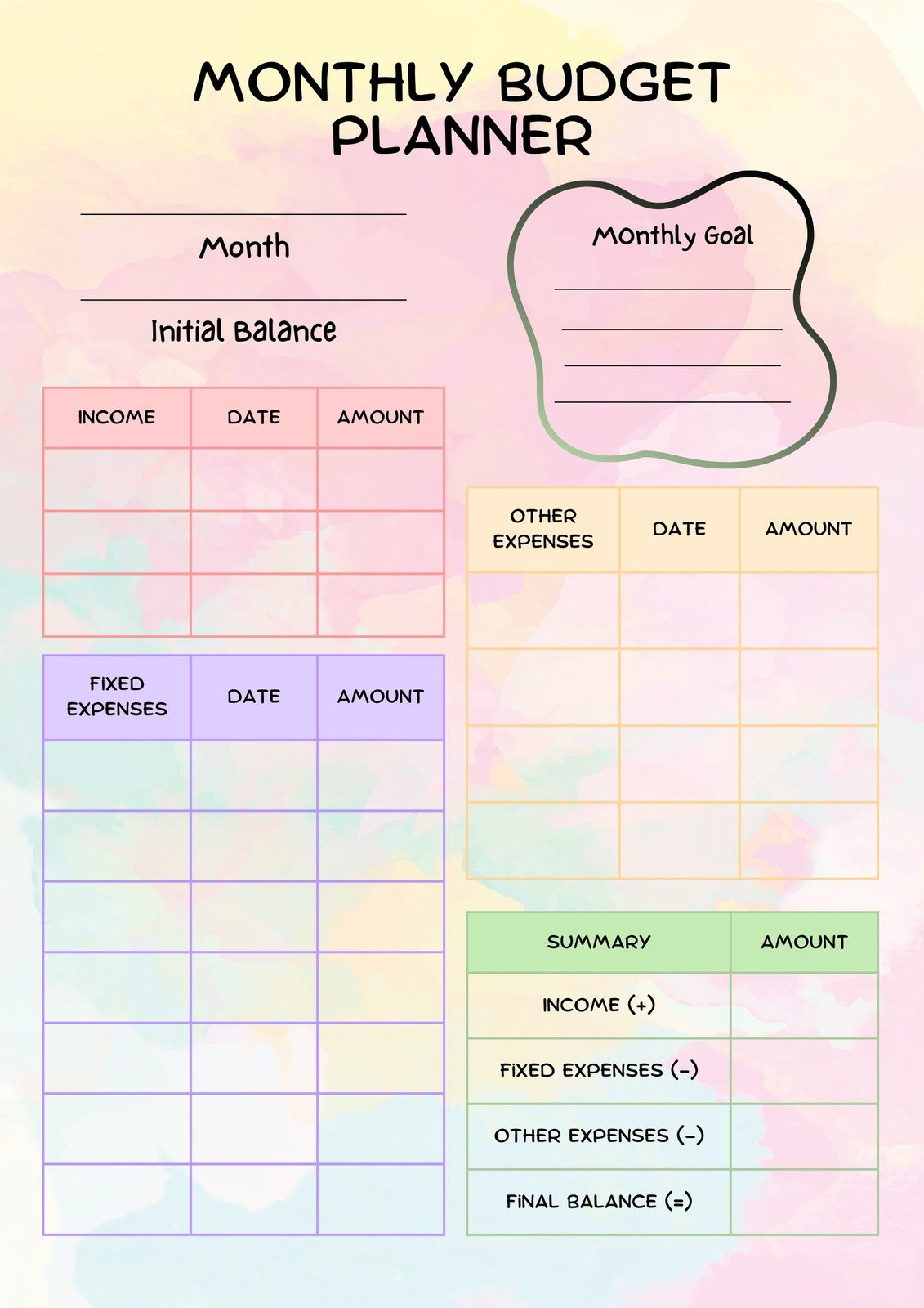 sample cute monthly budget template