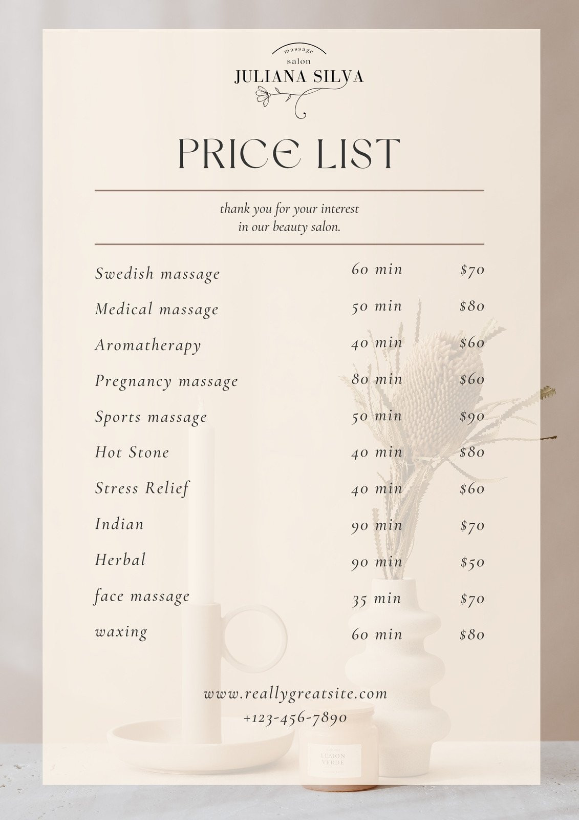 sample Massage Price List Template