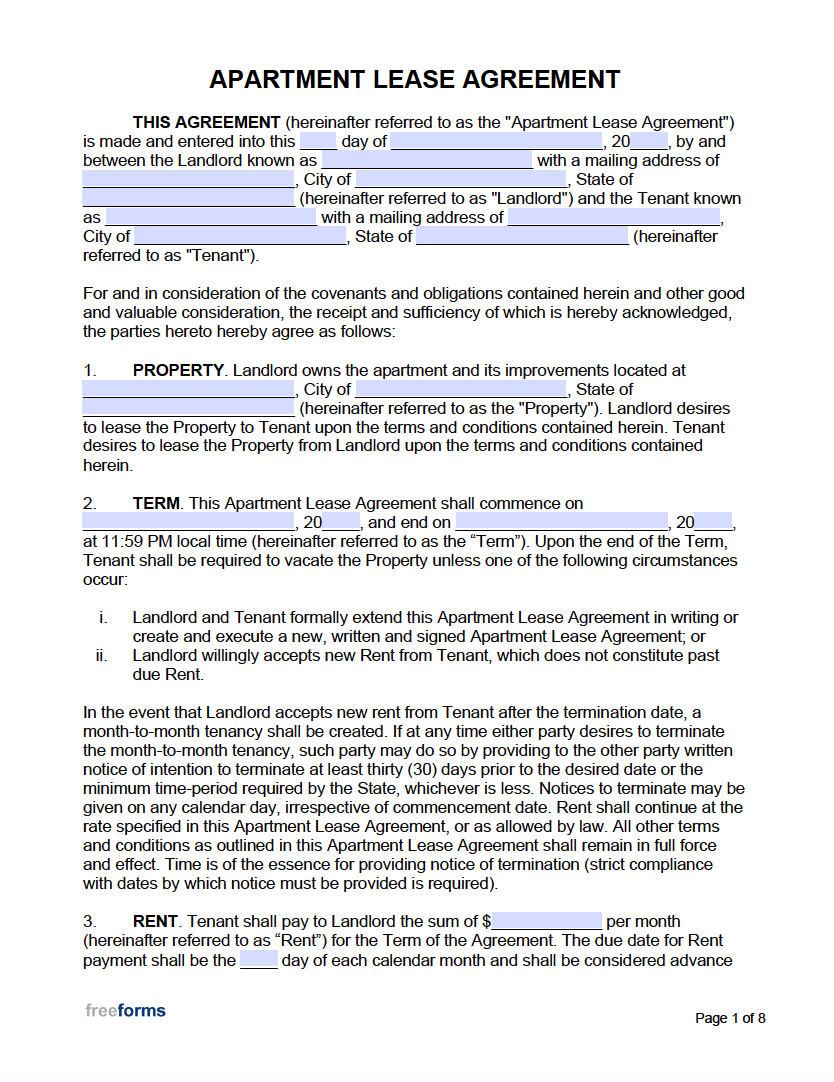 sample apartment rent agreement template