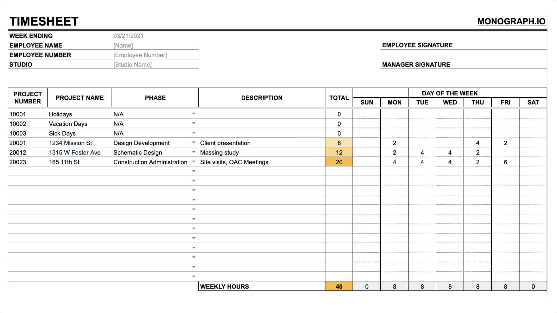 sample project timesheet template