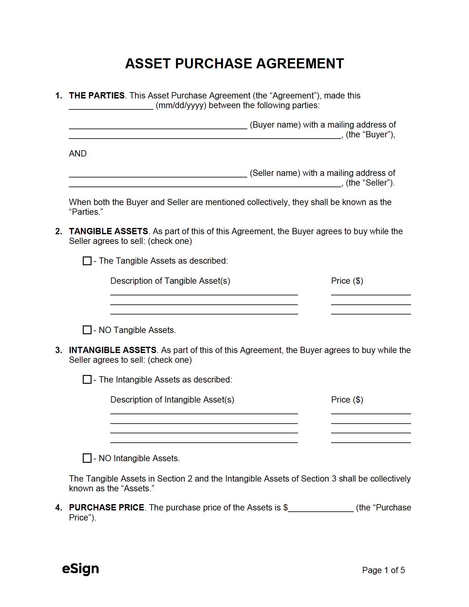 sample asset purchase agreement template