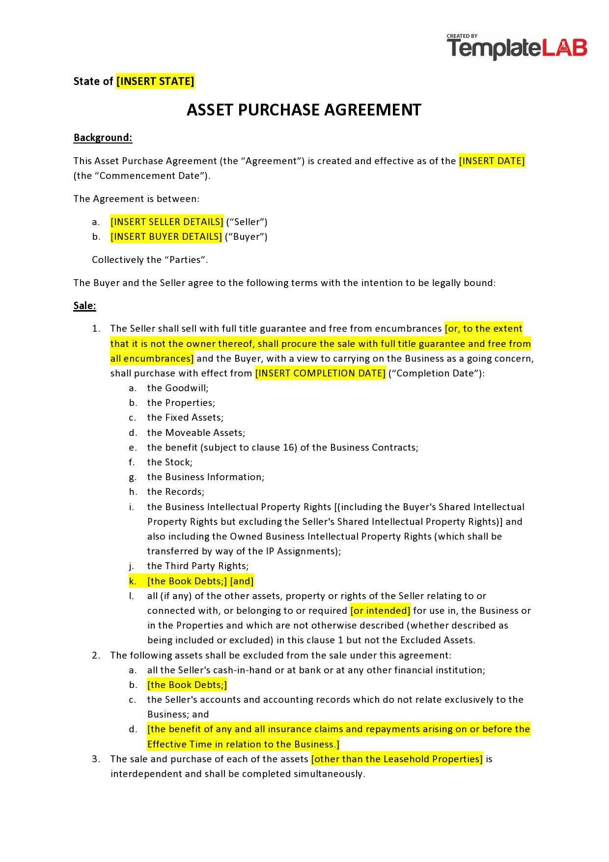 sample asset purchase agreement template