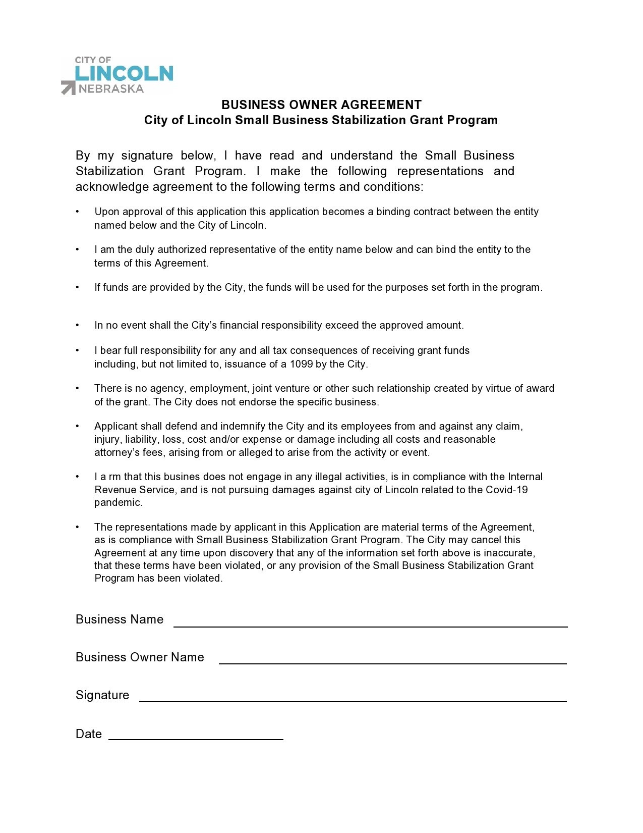 sample Small Business Agreement Template